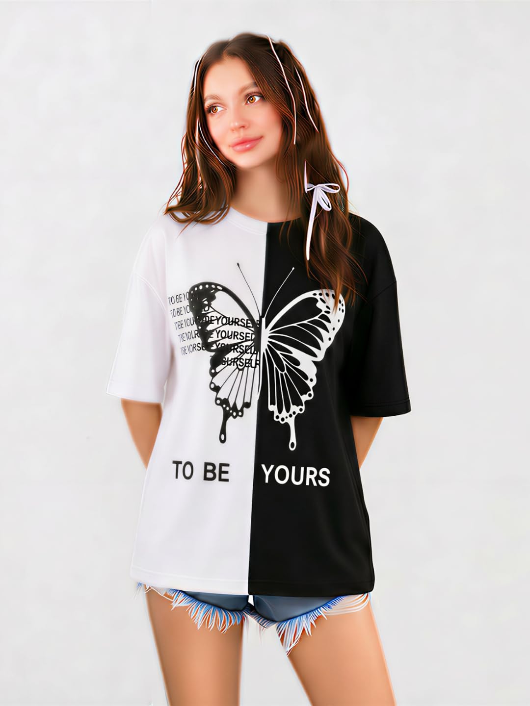 toxa Women's Butterfly Oversized Long T-Shirt | Colorblock Printed Round Neck Cotton Blend Casual Western Top for Women | Black & White Tee-picture-15