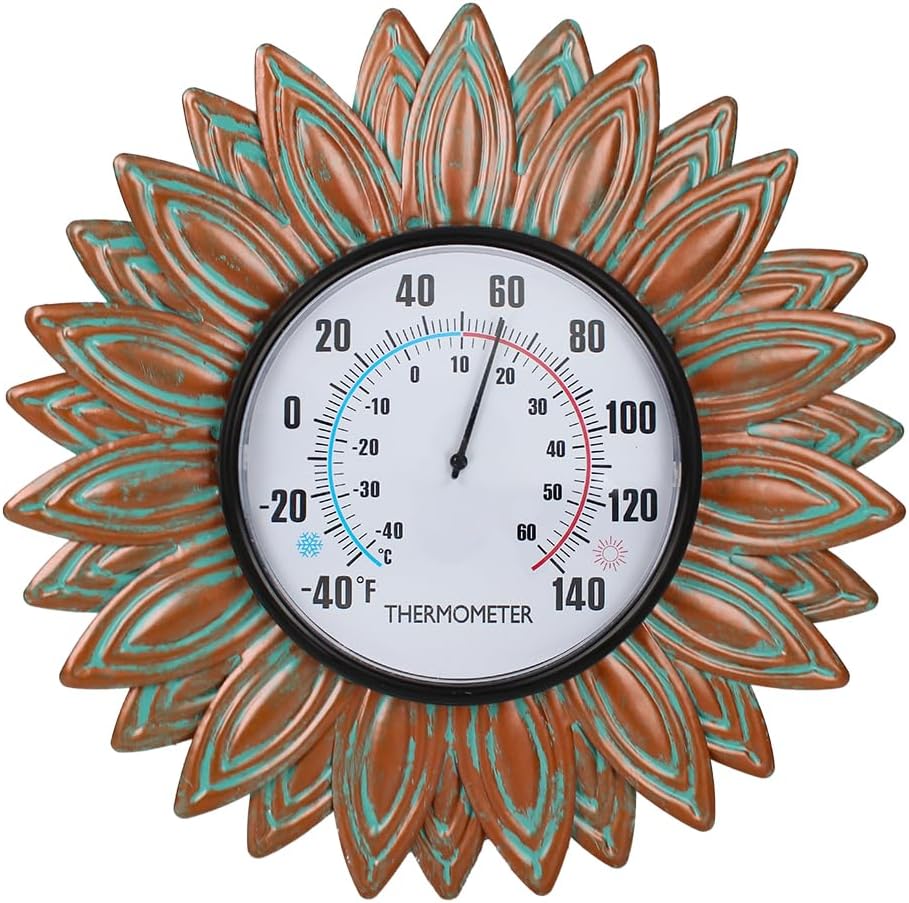 Copper Solar Rain Gauge Outdoor and 12" Bronze Sunflower Metal Outdoor Thermometer for Garden Patio Home Decor