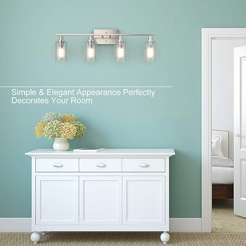 Miniatura 2 de Tangkula Lámparas de tocador de baño de 4 luces, apliques de pared modernos con pantalla de vidrio transparente con base E26, iluminación de pared