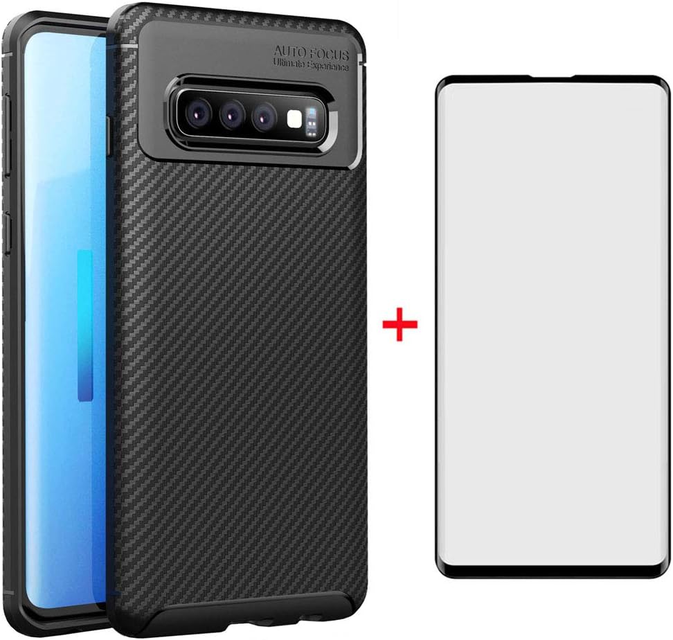 Phone Case for Samsung Galaxy S10 with Tempered Glass Screen Protector Cover and Cell Accessories Slim Thin Soft TPU Silicone Rubber Glaxay S 10 Edge Gaxaly 10S GS10 X10 Cases Women Girls Men Black