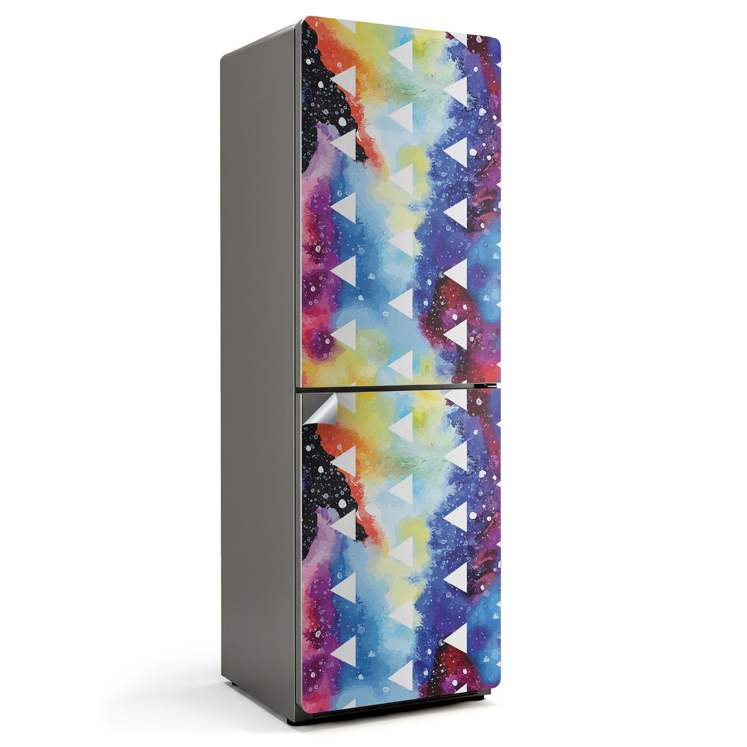 Sticker auto-adhésif frigo triangles colorés pour relooker une cuisine ouverte