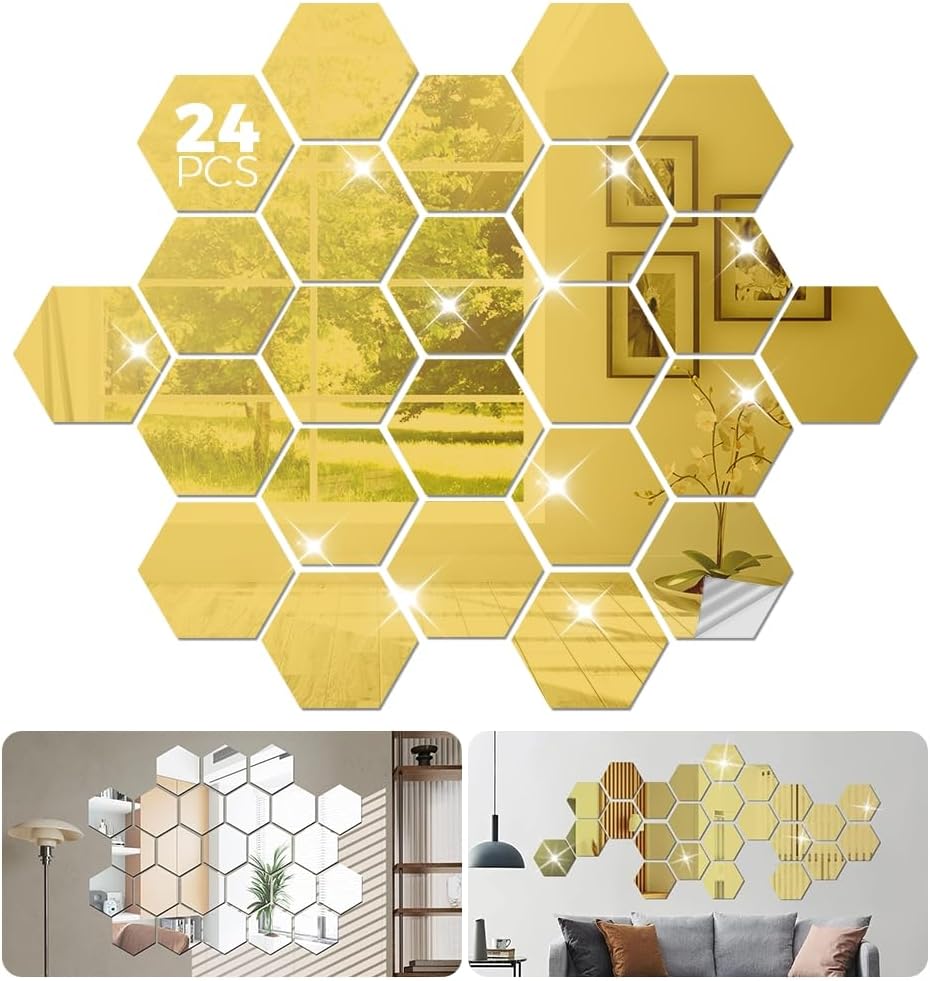 NIERBO 24 Pieces Hexagon Acrylic Mirror Wall Stickers Removable for Home Room Living Bedroom Decor (Gold)