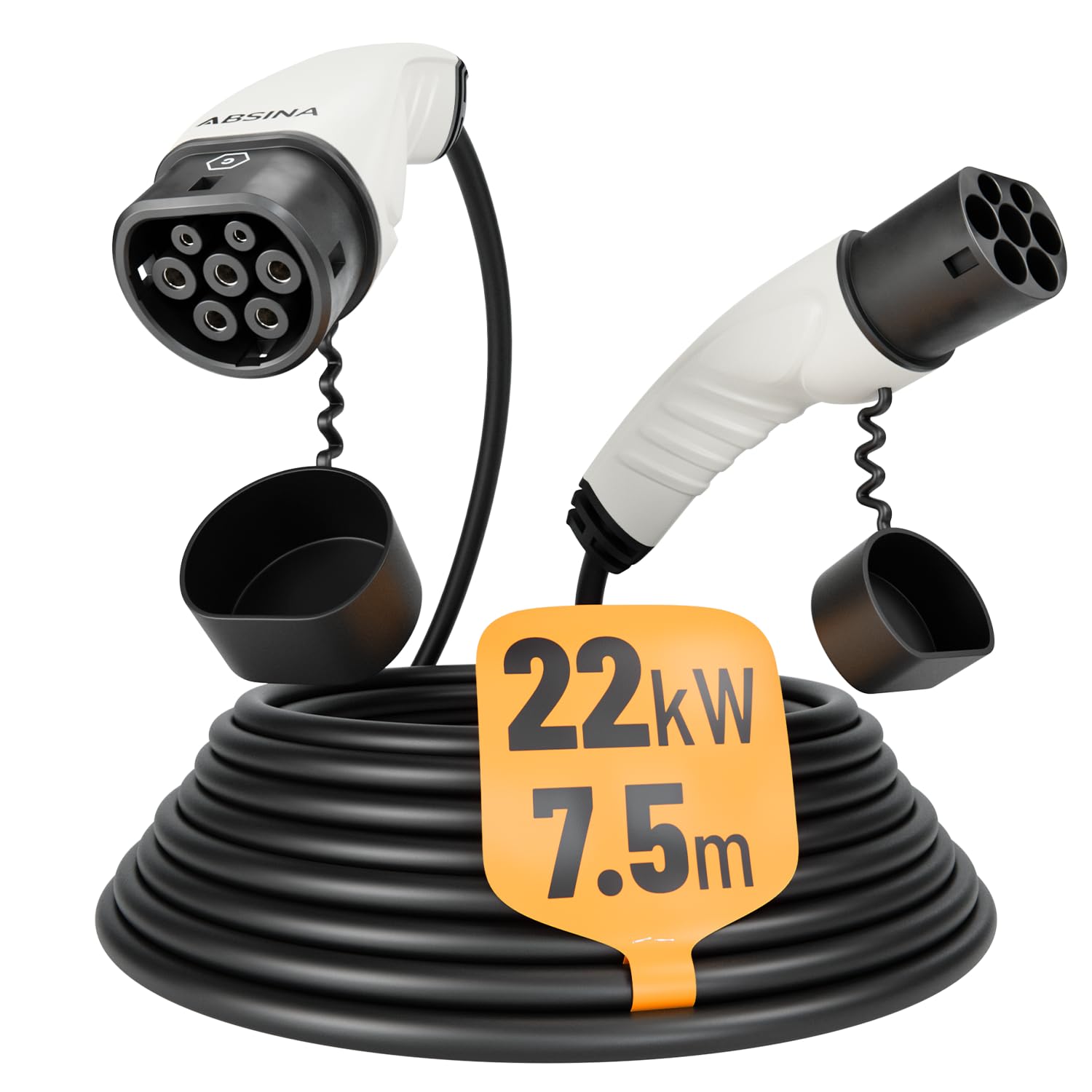 ABSINA Kabel do ładowania typu 2 22 kW i 32 A do samochodów hybrydowych i elektrycznych – 7,5 m kabel do ładowania typu 2 3-fazowy – tryb 3 kabel do ładowania – kompatybilny z modelem 3, e-Up, ID.3,