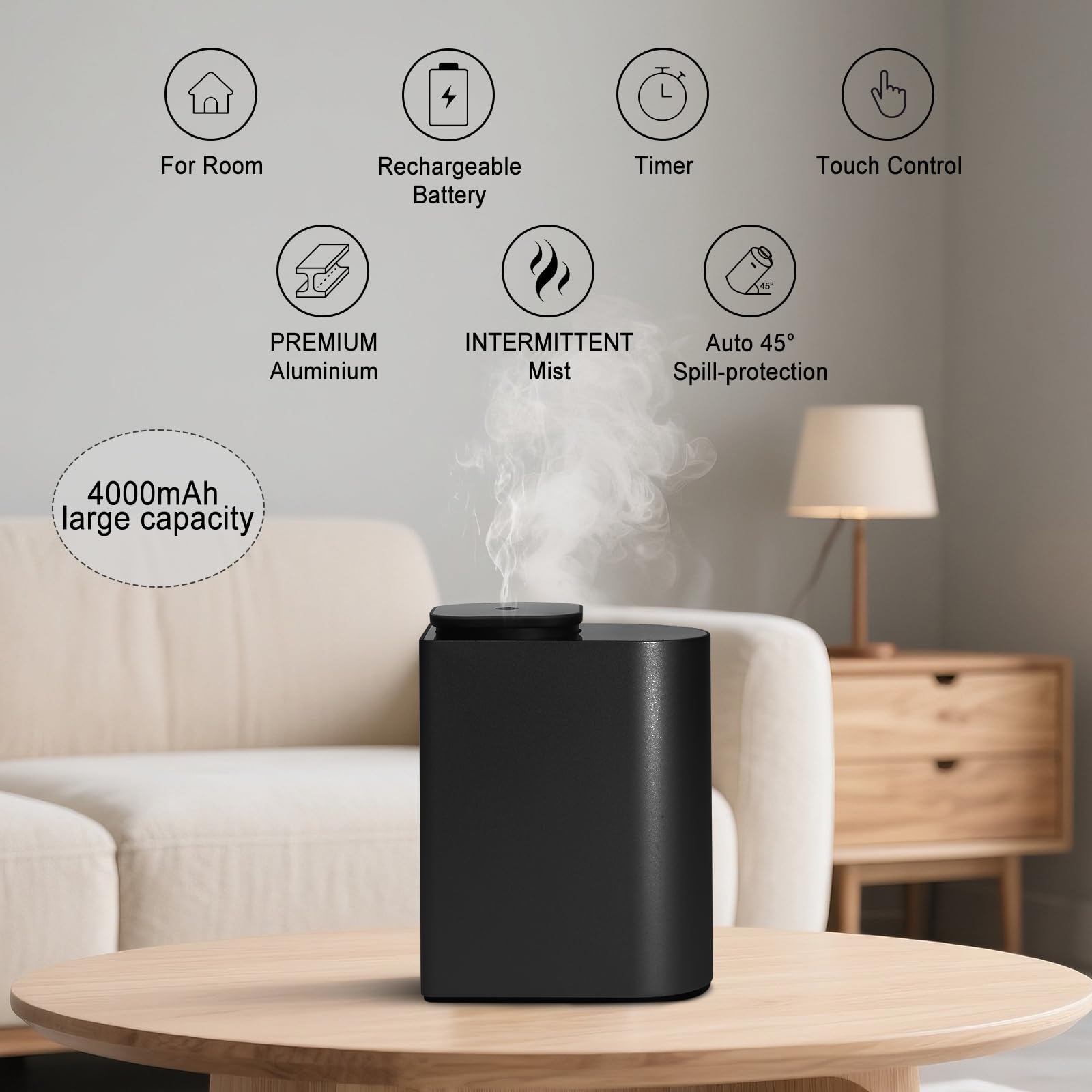 Diffusore di oli essenziali senza acqua, batteria grande da 4000 mAh, capacità 100 ml, adatto per hotel, stanze grandi, uffici, camere da letto, diffusore di profumo da tavolo in lega di alluminio
