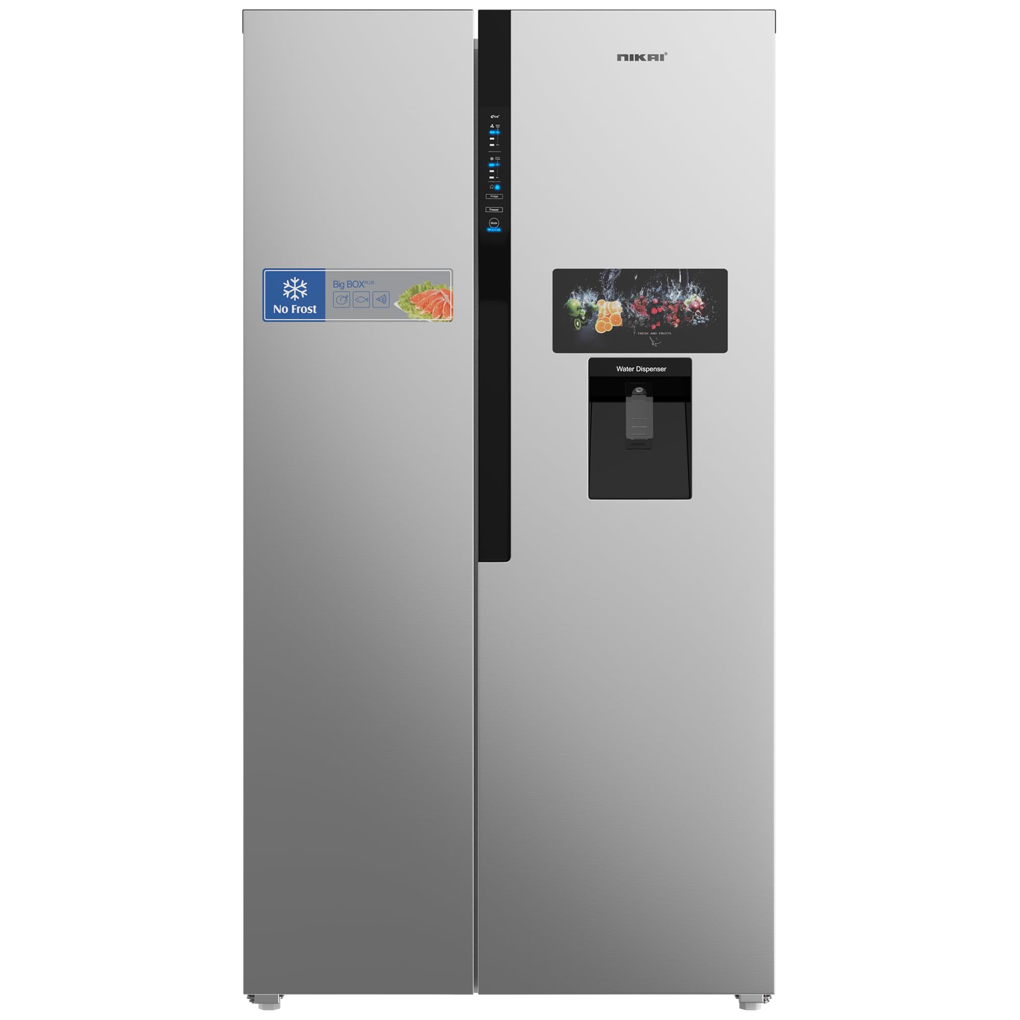 Nikai 800L Gross, 502L Net Side-by-Side Refrigerator, Frost Free, R600a Refrigerant, Internal Condenser, Water Dispenser, Silent Operation, Efficient Tropical Compressor - NRF800SBSD5 Silver