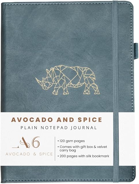 A6 Sketchbook Small Notebooks by Avocado and Spice® Faux Leather A6 Notebook with Gift Box & Velvet Bag  Plain Paper Notebook - Plain Paper Pad A6 - with 200 Thick Pages (Grey, Plain)