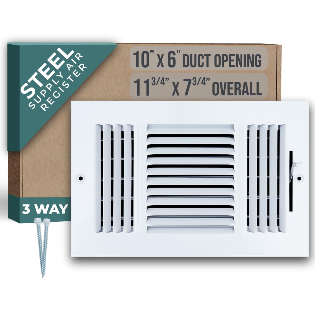 Handua 10"W x 6"H [Duct Opening Size] 3 Way Steel Air Supply Diffuser | Register Vent Cover Grill for Sidewall and Ceiling | White | Outer Dimensions: 11.75"W X 7.75"H for 10x6 Duct Opening