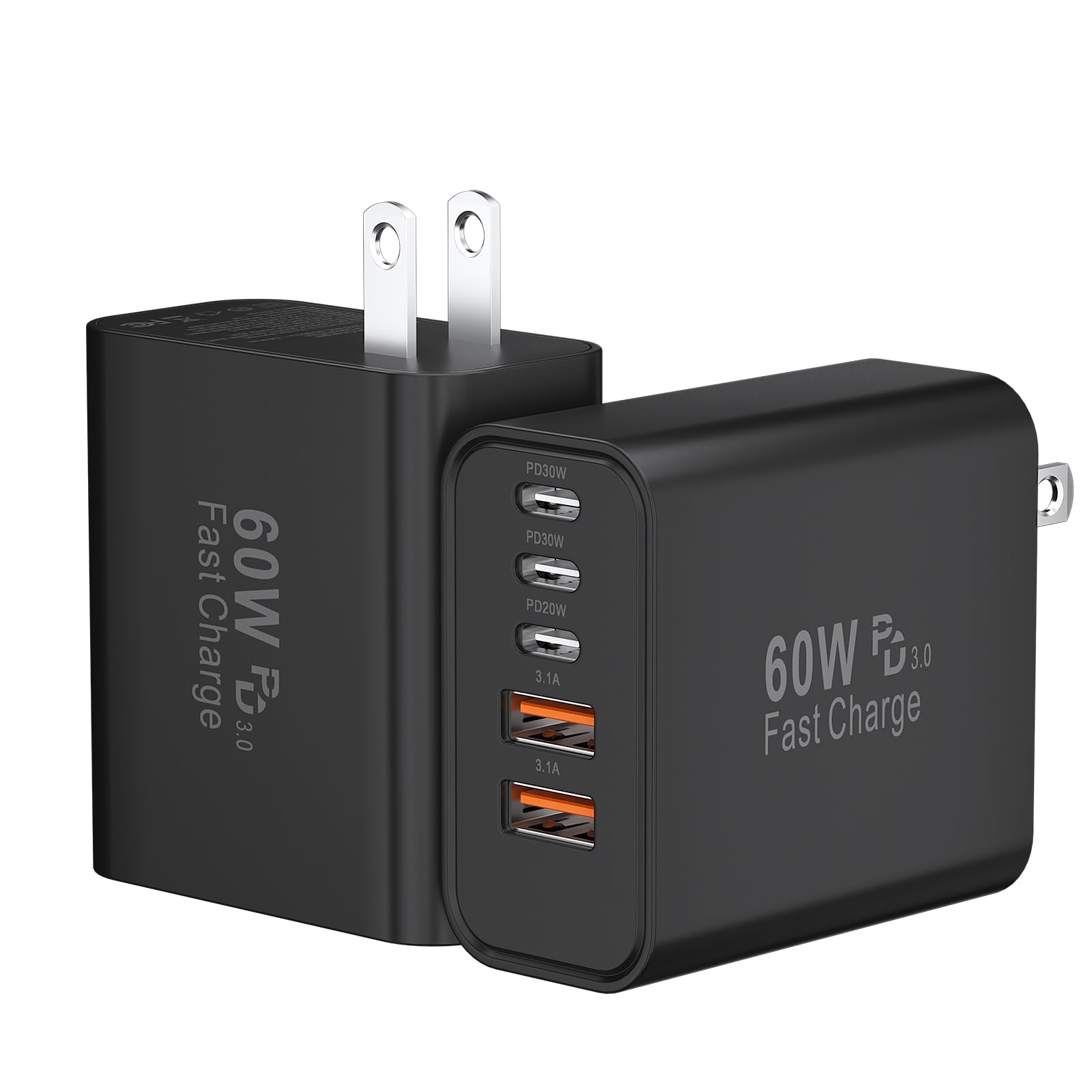 USB C Fast Charger Block, 60W 5-Port USB C Wall Charging Blocks, Type C Charger Fast Charging Brick, 3USB C+2USB A PD&QC3.0 Multiport Charger Plug for iPhone 16/15/14/13 Pro Max, iPad, Galaxy-Black