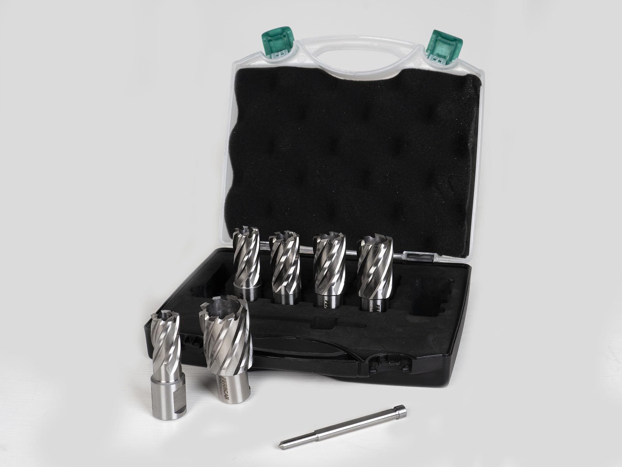Maletín de 6 brocas huecas HHS Ferrcan, para perforación de metales vástago weldon de 16,18,20,22,24 y 28mm con profundidad de 25mm.