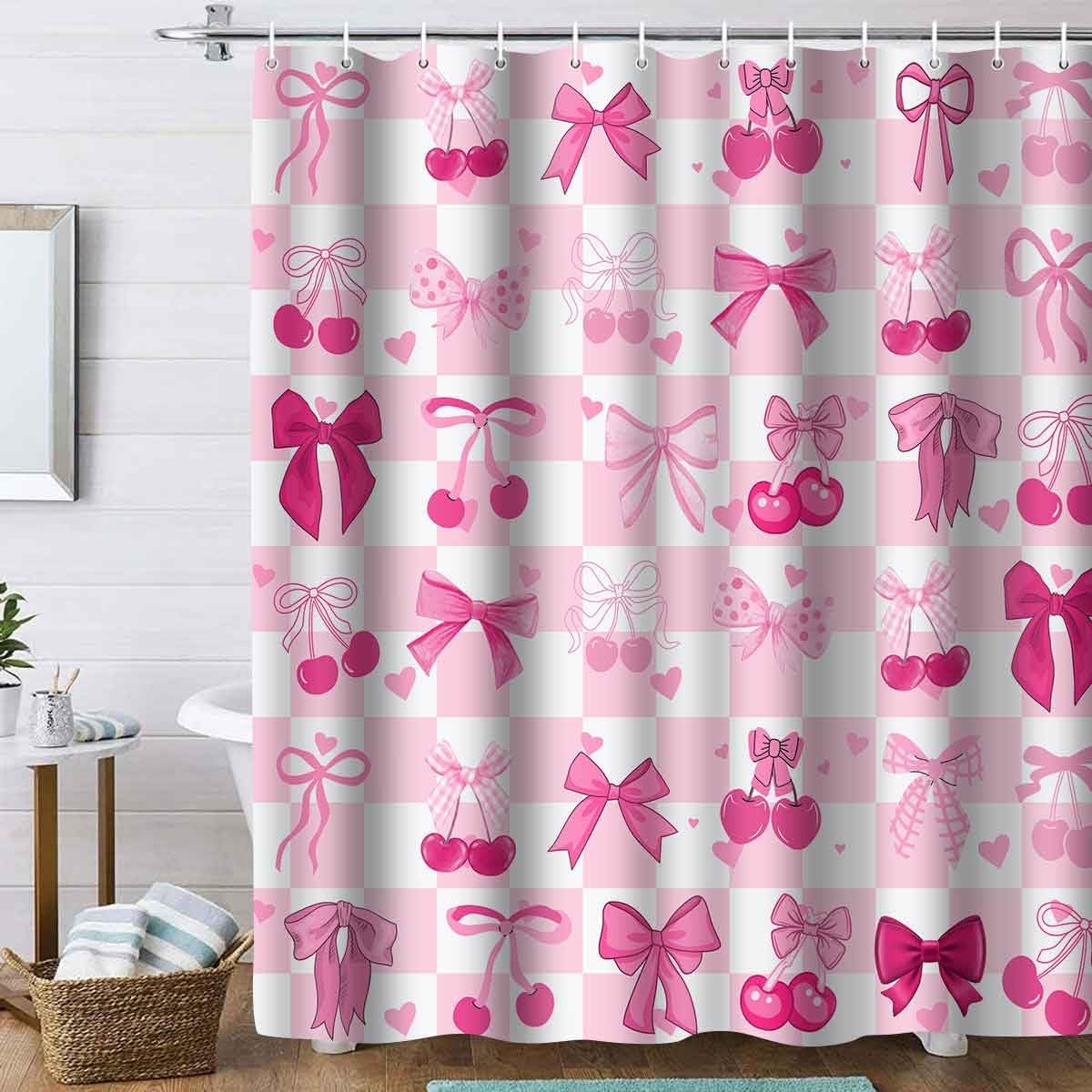 Pink Bow Shower Curtain, 72x72inch, Pink White Checkered Bow Tie Cherry Shower Curtain Sets Cute Pink Bowknot Women Girls Aesthetic Bathroom Shower Curtains Decor Set with 12 Hooks YLGJTP1