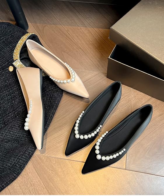 Women's Pearl Decoration Pointed Toe Satin Flats Invisible Height Increasing Slip On Low Chunky Heel Comfortable Soft Memory Foam Insole Dress Shoes2