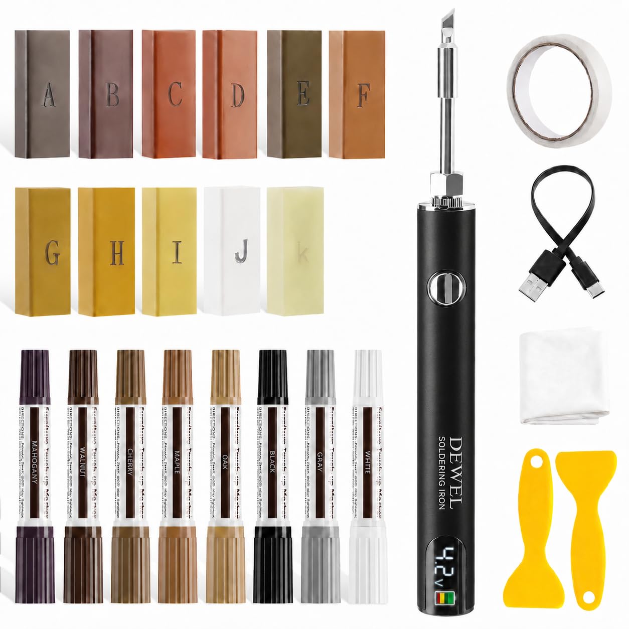 DEWEL Set di riparazione per laminato con display a LED, 11 colori di cera dura, 8 pennarelli a doppia punta, 4 livelli di temperatura, per laminato, vinile, parquet, pavimenti in legno, ripara graffi