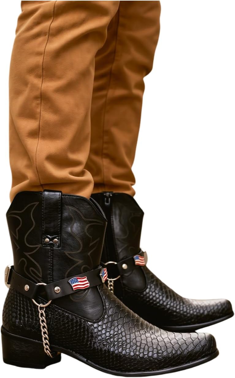 TrendyFashionJewelry Men Biker Jewelry Boots Black Leather Pair Straps Silver Metal Chains USA American Flag Charm M19