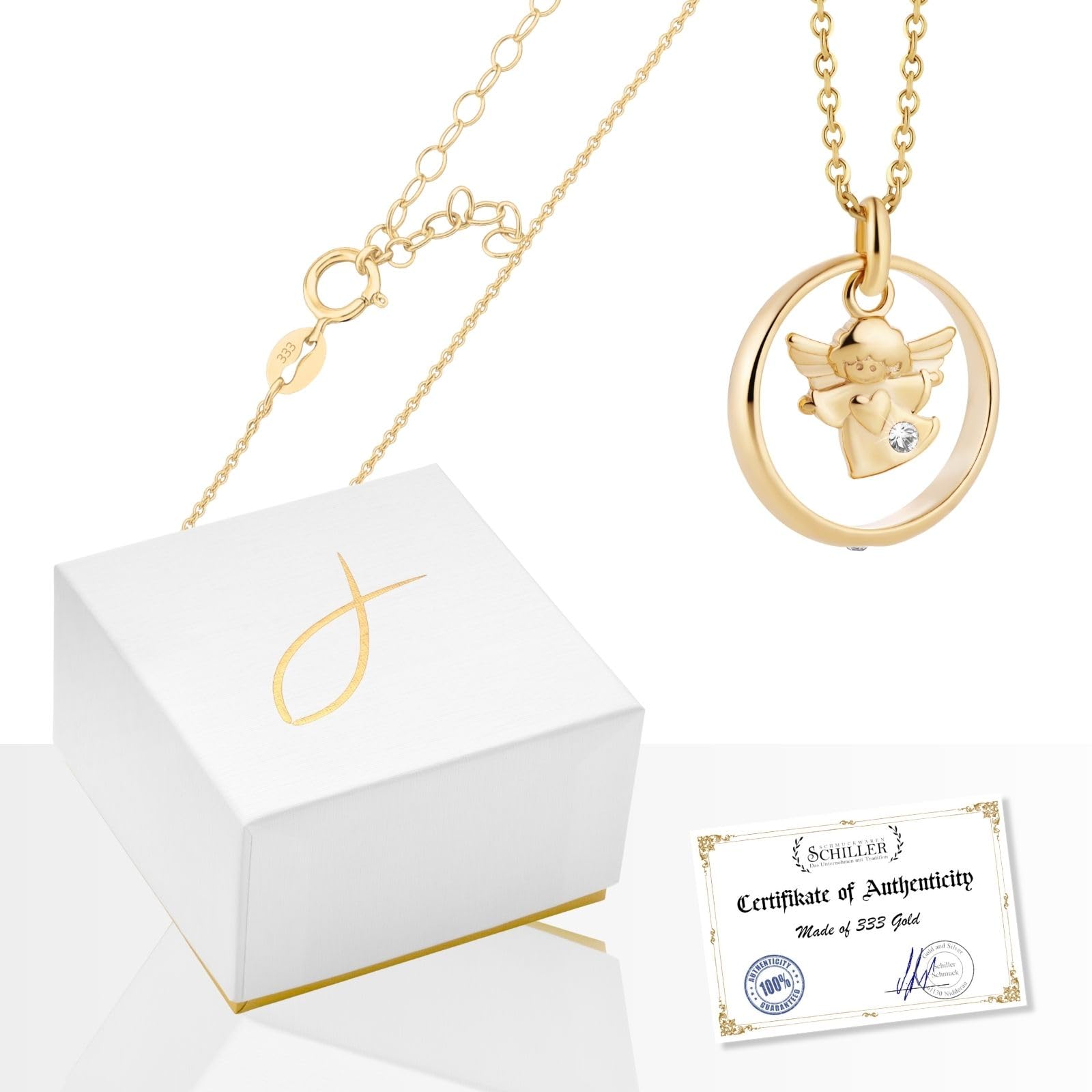 fish Collana In Oro Con Ciondolo Angelo Custode E Cristallo Per Bambini E Giovani