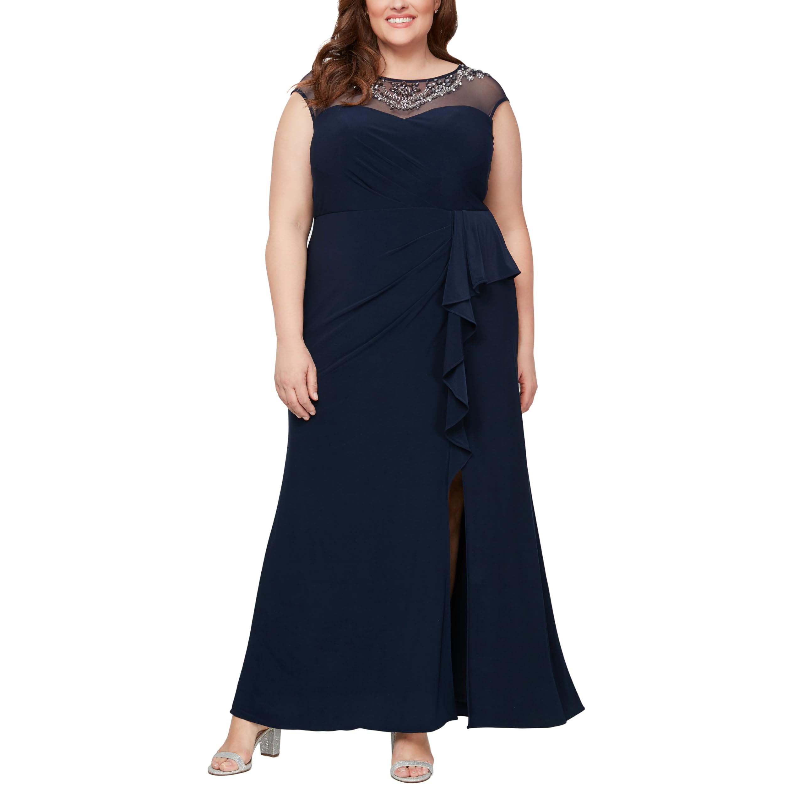 Alex Evenings Womens Plus Size Long Sleeve Sweetheart Neckline Dress: 24 Plus Navy Cap Jersey