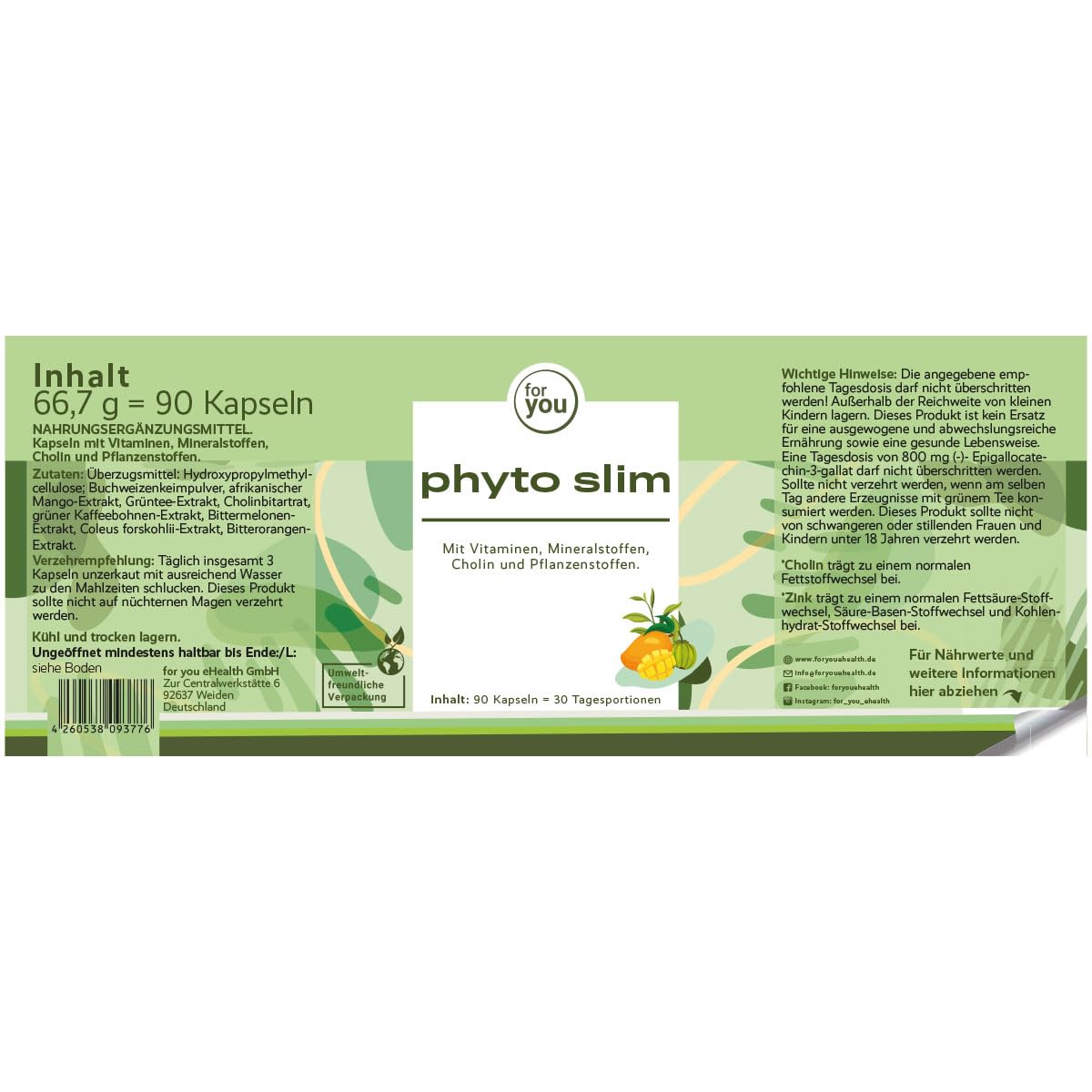 for you phyto slim 90 Kapseln - Hohe Bioverfügbarkeit - Mit hochwertigen Pflanzenstoffen: Buchweizenkeimpulver, afrikanischer Mango-Extrakt, Grüntee-Extrakt, grüner Kaffeebohnen-Extrakt