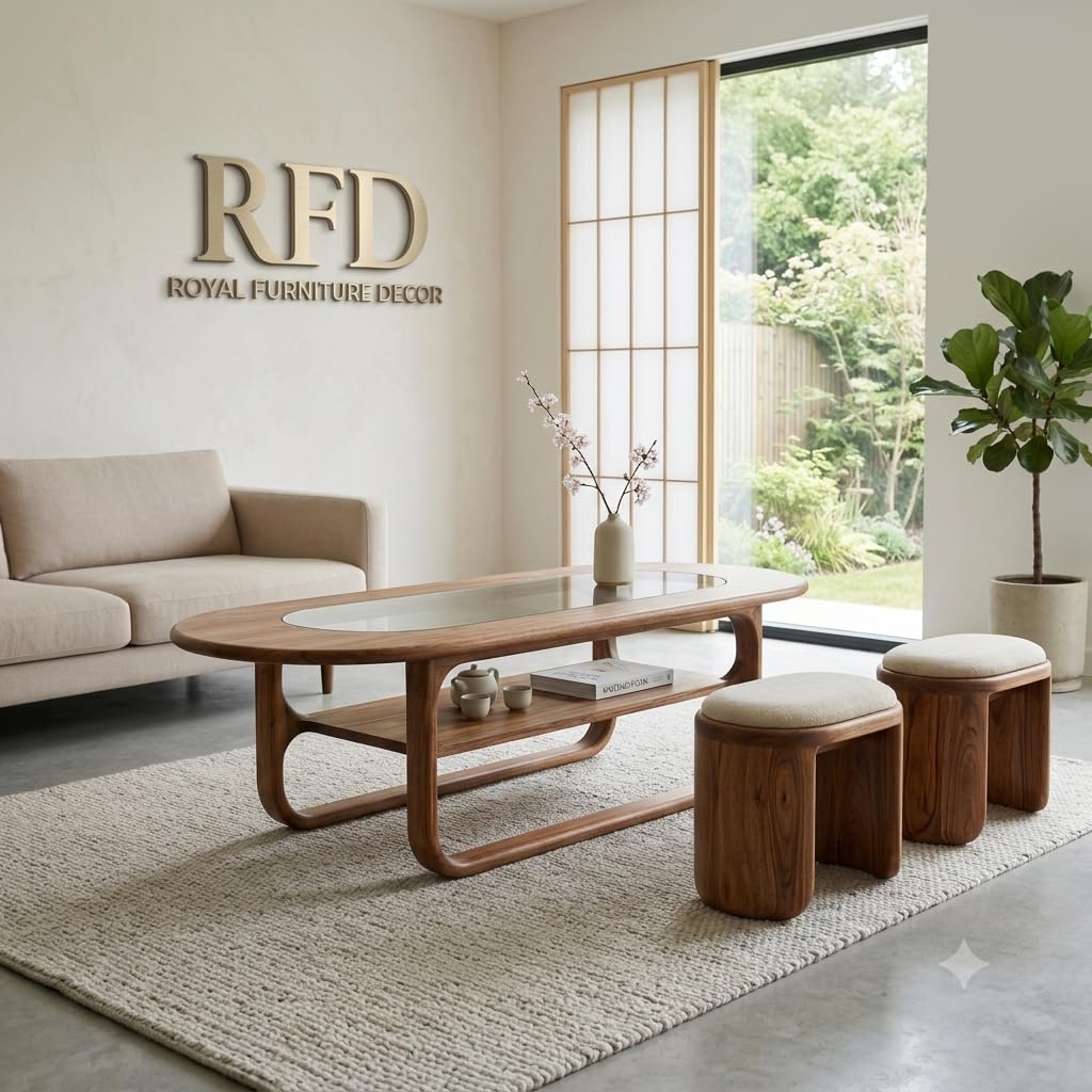 coffee table with 2 stools, 127x61 cm | glass top tabletop, lower storage shelf, upholstered stool seat, walnut wood finish, living room set