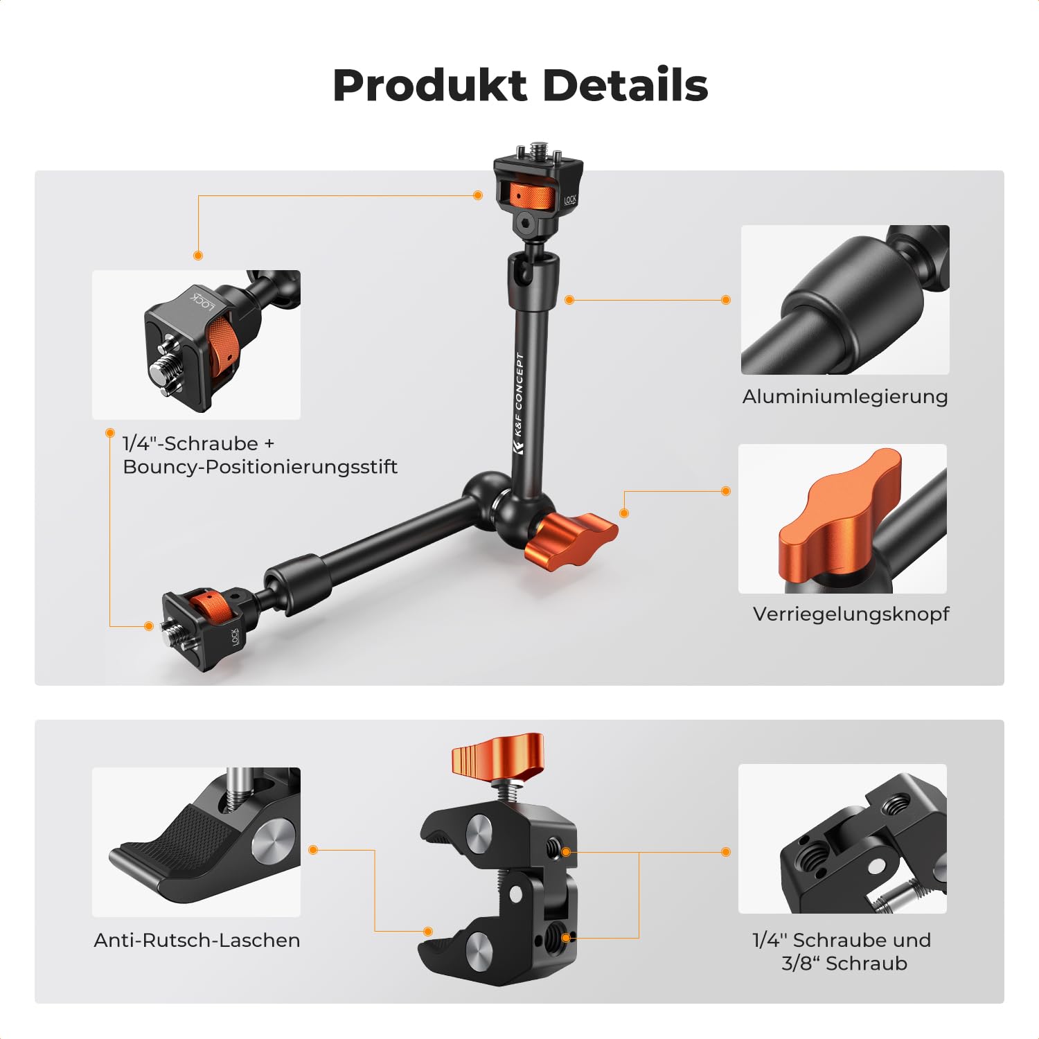 K&F CONCEPT 11 Zoll Magic Arm mit Super Clamp, Kamera Halterung für Käfig Monitor LED Licht Action-Kamera, 2 KG Belastung