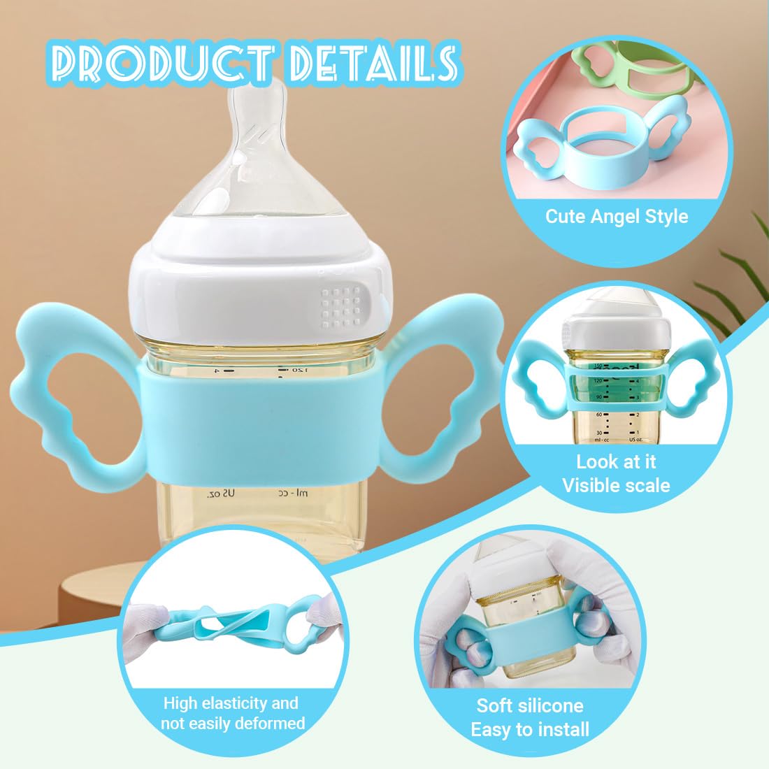 2 manici per biberon in silicone, manici quadrati per biberon a bocca larga, manici cavi in ​​silicone con impugnature ad angelo, accessori per biberon