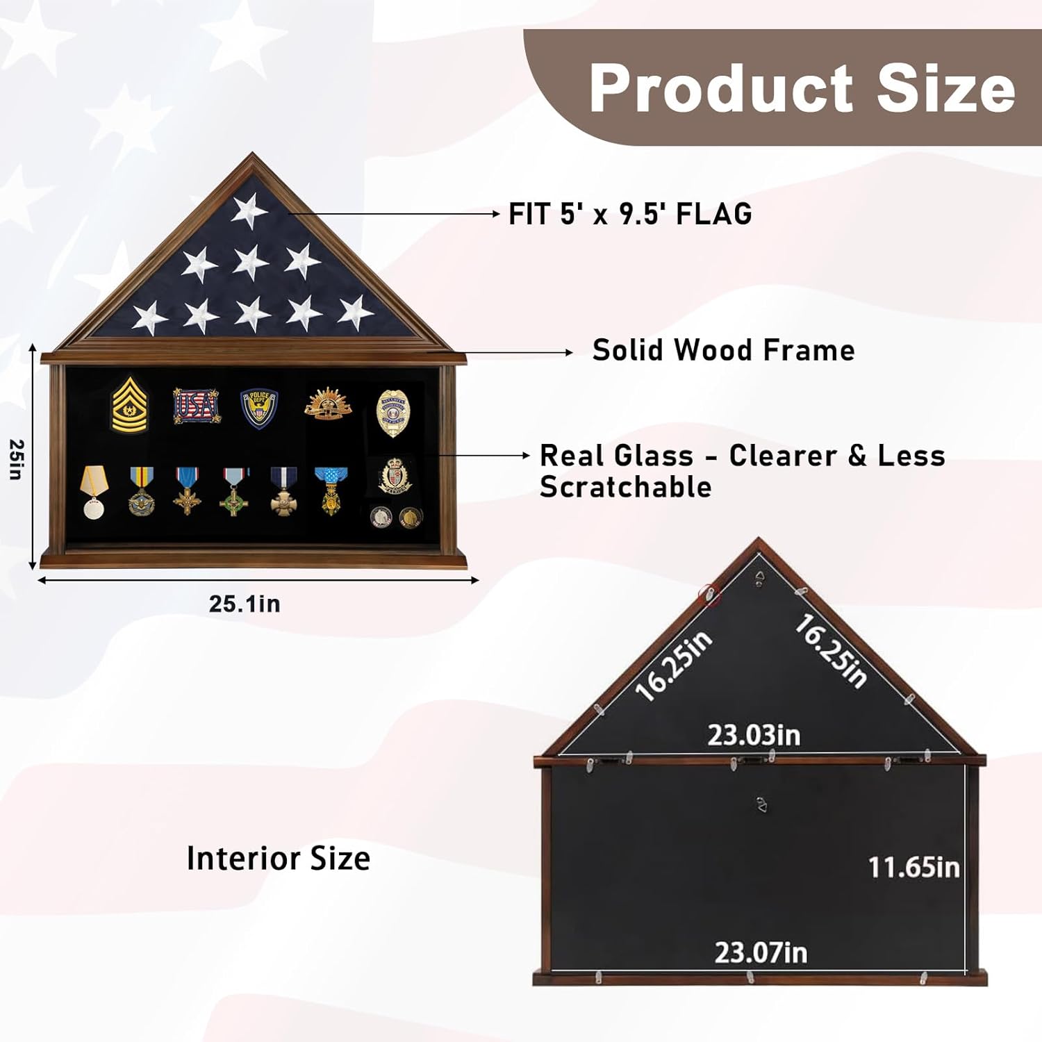 Large Military Burial Flag Display Case for American Folded Veteran 5'x9.5' Burial Flag and Military Medals - Solid Wood Shadow Box Gift with Real Glass Certificate Holder -Walnut
