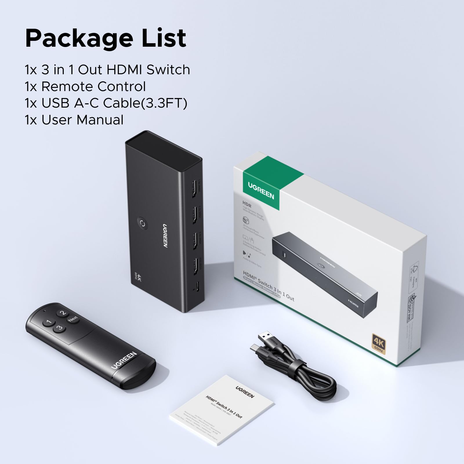 UGREEN Hdmi Switch 3 In 1 Out 4k@60hz, Rozdzielacz Hdmi Z Pilotem ObsłUguje Hdr10+ Cec Hdcp2.2 Kompatybilny Z Switch Ps5/4/3 Xbox Roku Tv Fire Stick Blu-Ray Player