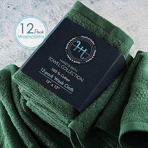 Image of Hearth & Harbor Washcloths 12 Pack - 100% Cotton Washcloth for Body and face, High Absorbent and Soft 13 inchx13 inch Body Wash Cloth, Quick Dry - Hunter Green Washcloths