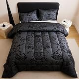 Skull Comforter Set 3 Pieces, Black and Grey Damask Pattern, Includes 1 Comforter and 2 Pillow Shams, Gothic Vintage Style Bedding (Black, Twin)