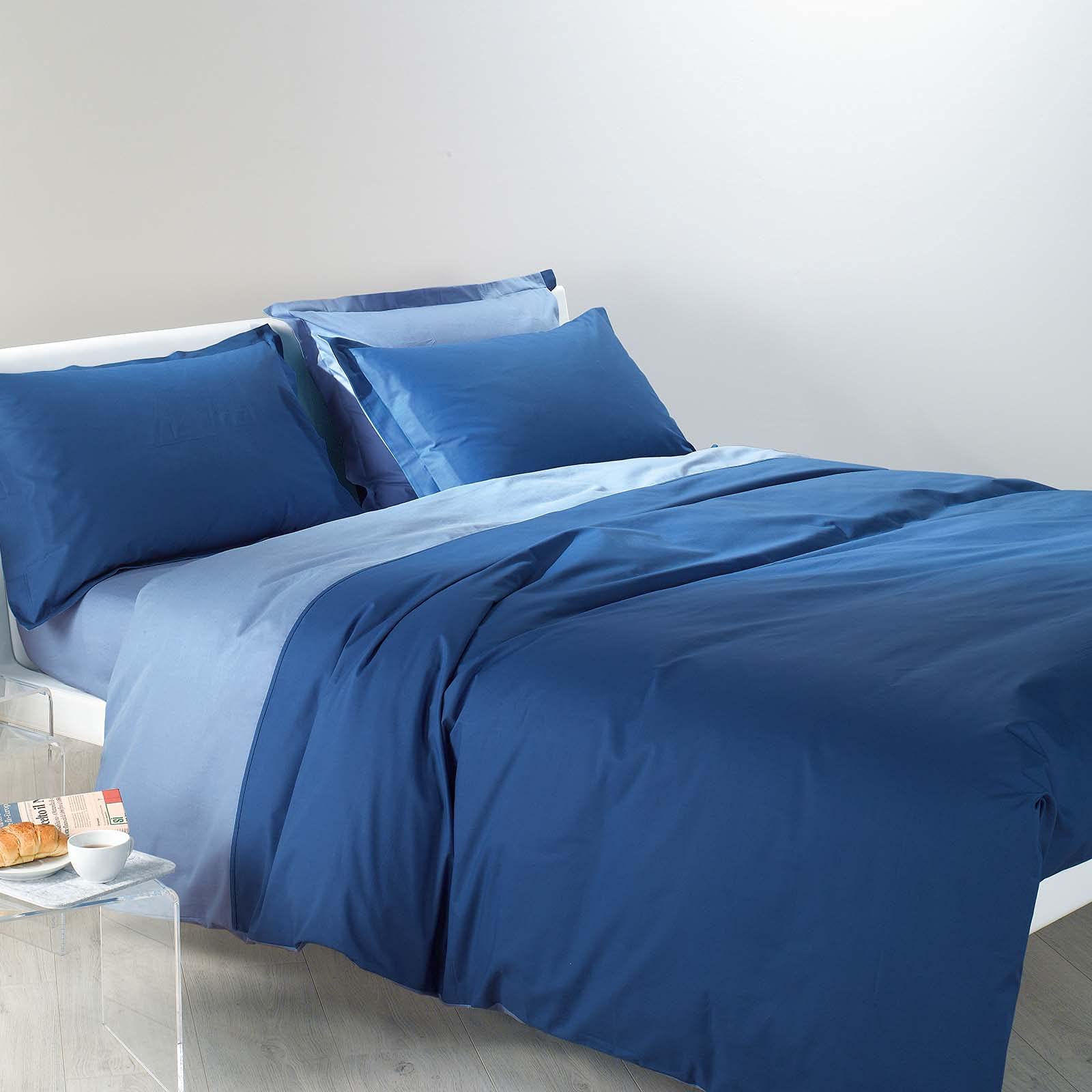 Caleffi 45423 Cotone Bicolor Completo Copripiumino per Piazza e Mezza Letto, Blu