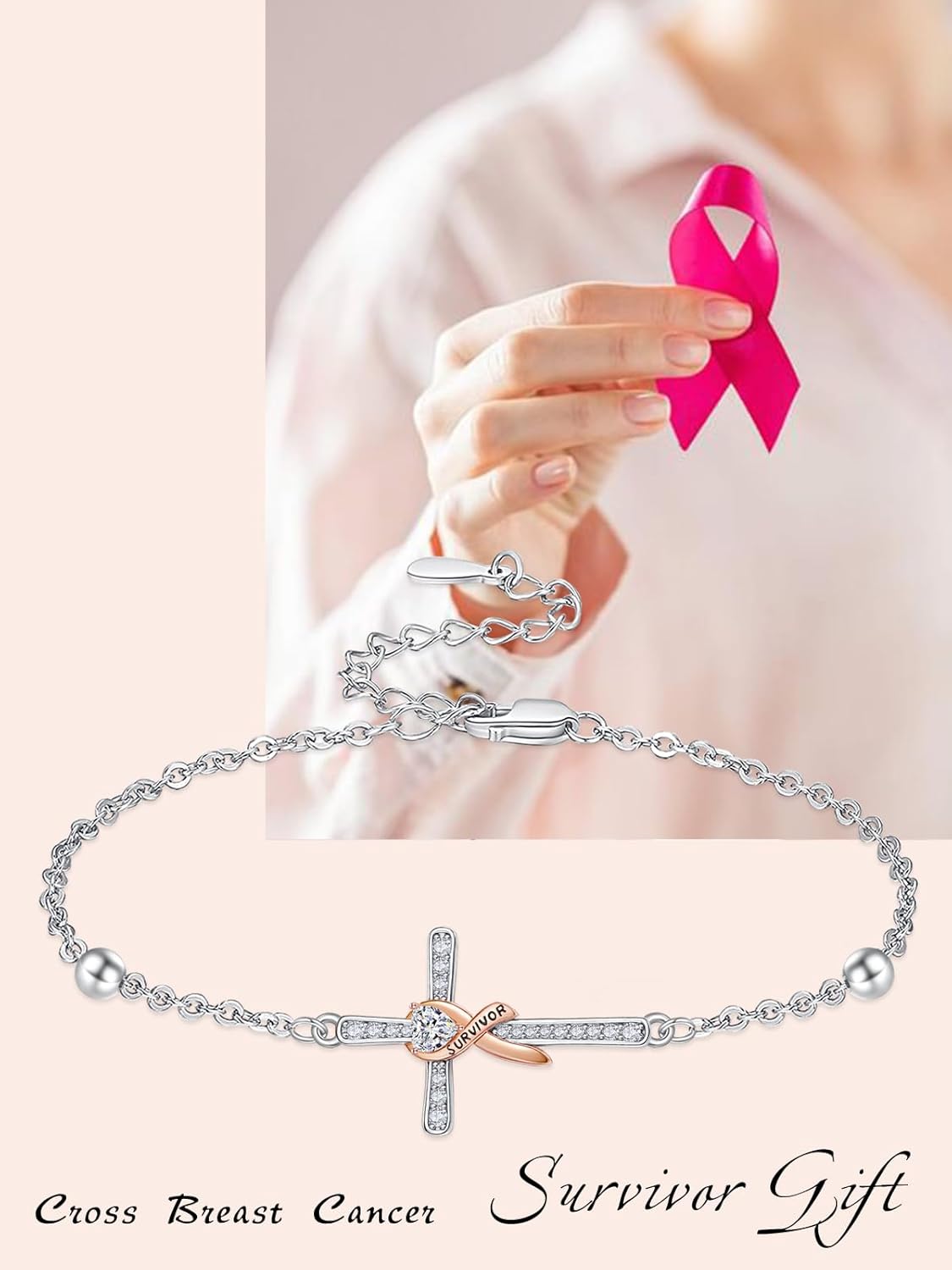 Breast Cancer Bracelets Ribbon Sterling Silver Awareness Accessories Jewelry Breast Cancer Gifts Survivor for Woman