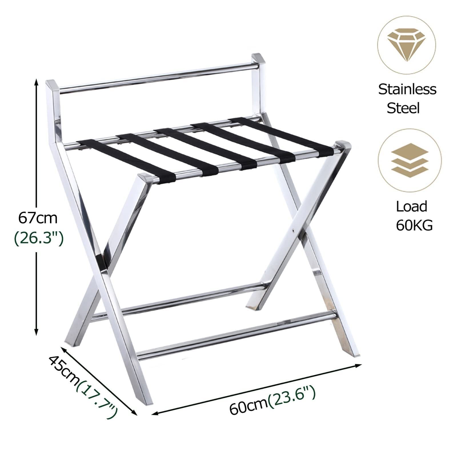 Portaequipajes Plegable de Acero Inoxidable para Hotel, Bandeja para Maletas con Respaldo y Zapatero, Ideal para el hogar, Dormitorio o habitación de Invitados.,Silver