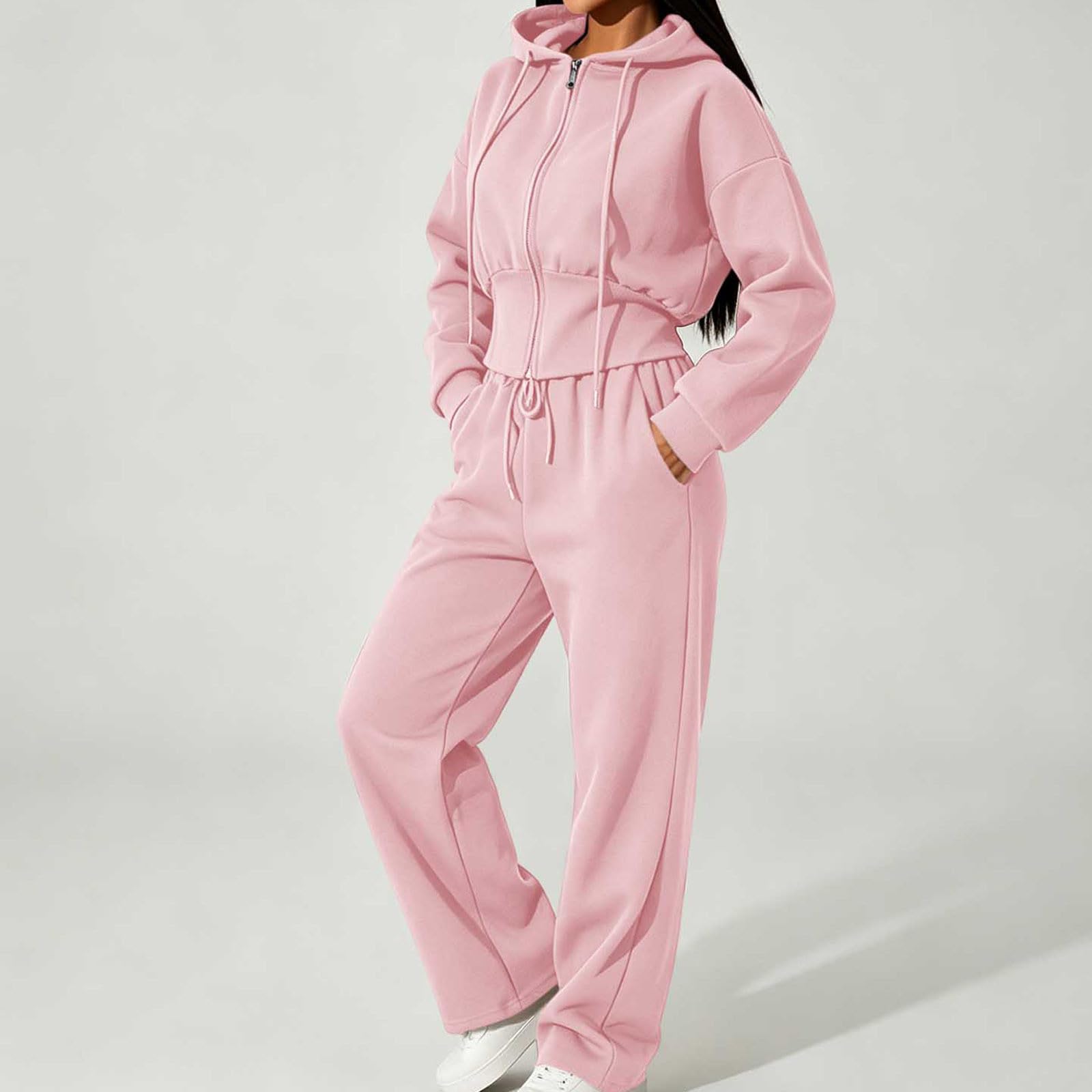 Tuta da donna Set 2 pezzi Casual Lounge Wear Set da donna Zip Up Felpe con cappuccio ritagliate Gamba dritta Pantaloni della tuta Palestra Allenamento Tute atletiche Allentato Activewear Tempo libero