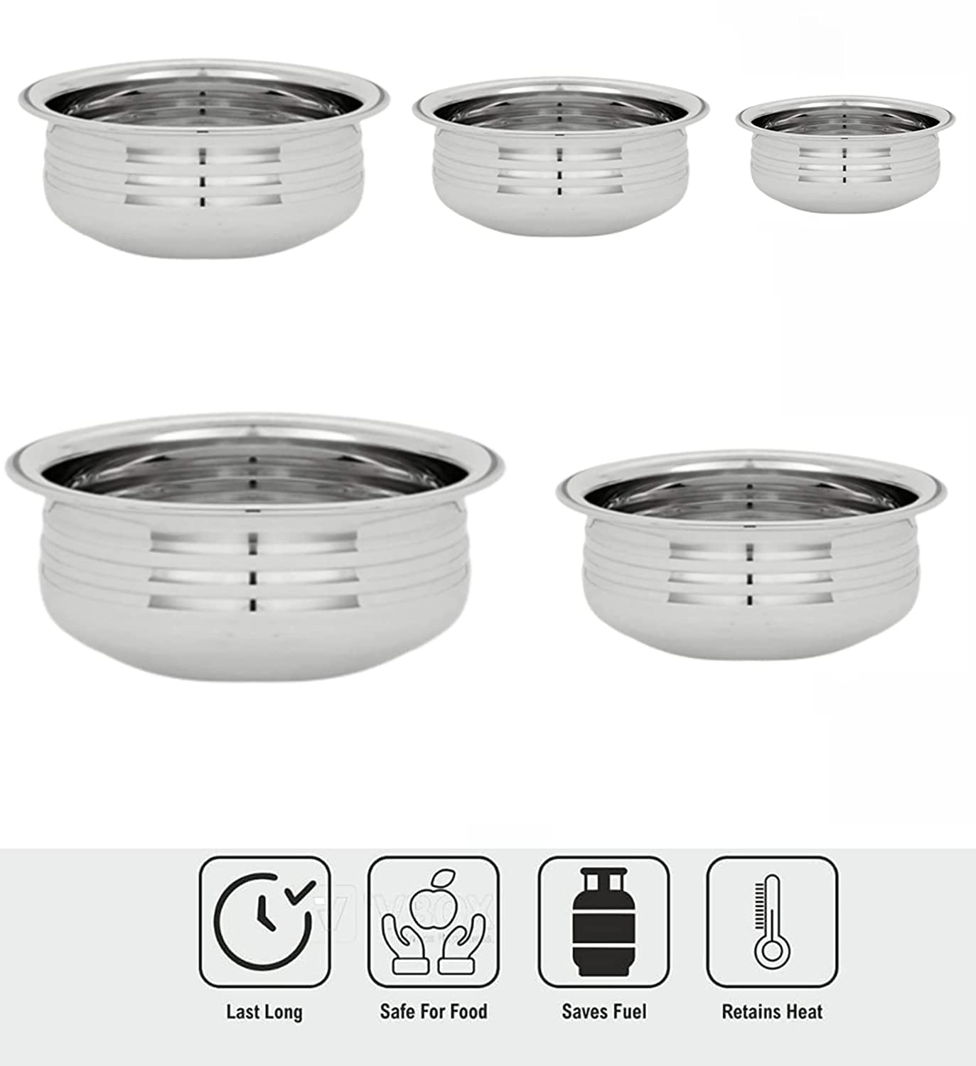 Nirvika Stainless Steel Handi Without lid - Kitchen Serving Cookware Cooking Bowl |Handi Set 5-Pieces|Biryani Handi 500ml, 750ml, 1000ml, 1500 ml, 2000 ml 4