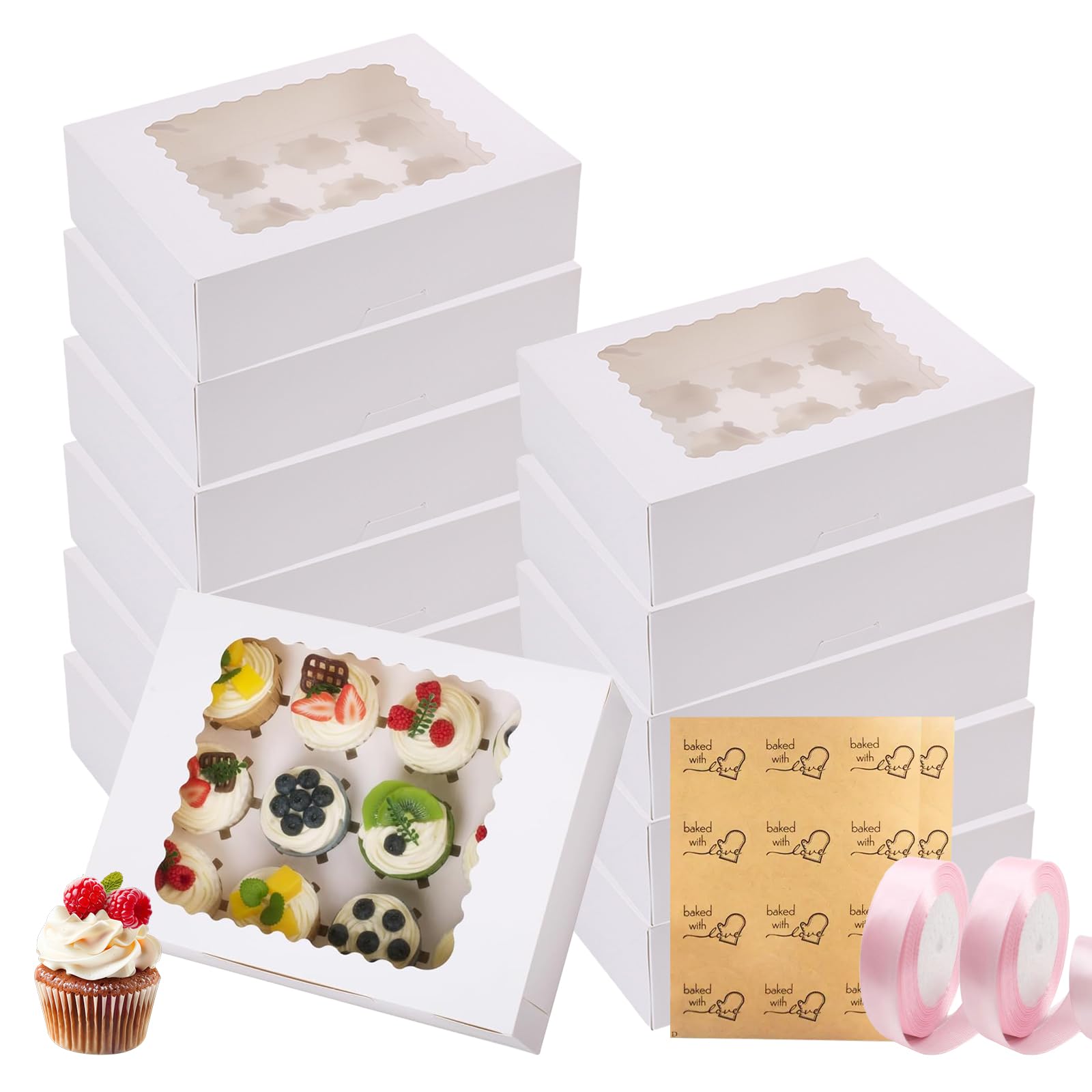 12 Pcs Cupcake Boxes 12 Hole, Food Grade Cake Box Holders Bakery Carrier Boxes with Windows and Inserts for Cupcakes, with Two Rolls of Ribbons and Two Stickers for Cupcakes, Muffins and Pastries