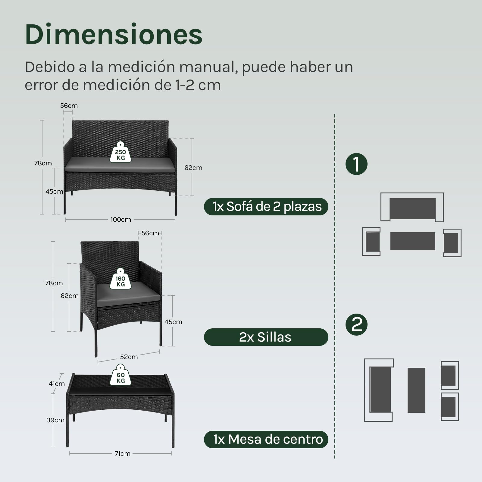 WOLTU Muebles de Jardín, 1 Mesa de Jardín, 1 Sofá y 2 Sillones con Cojines, Conjunto de Terraza y Patio, Mesa y Sillas de Exteriores, Terraza, Balcón, Aspecto Ratán, Gris