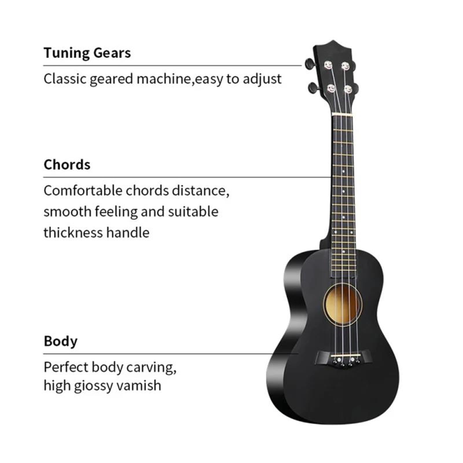 Ukulele 23 Zoll Akustik Ukulelen Set Mit Tasche Saiten Gurt Steg Nadel Kapodaster Plektrum Stimmgerät Komplett Aus Lindenholz Für Anfänger(Black)