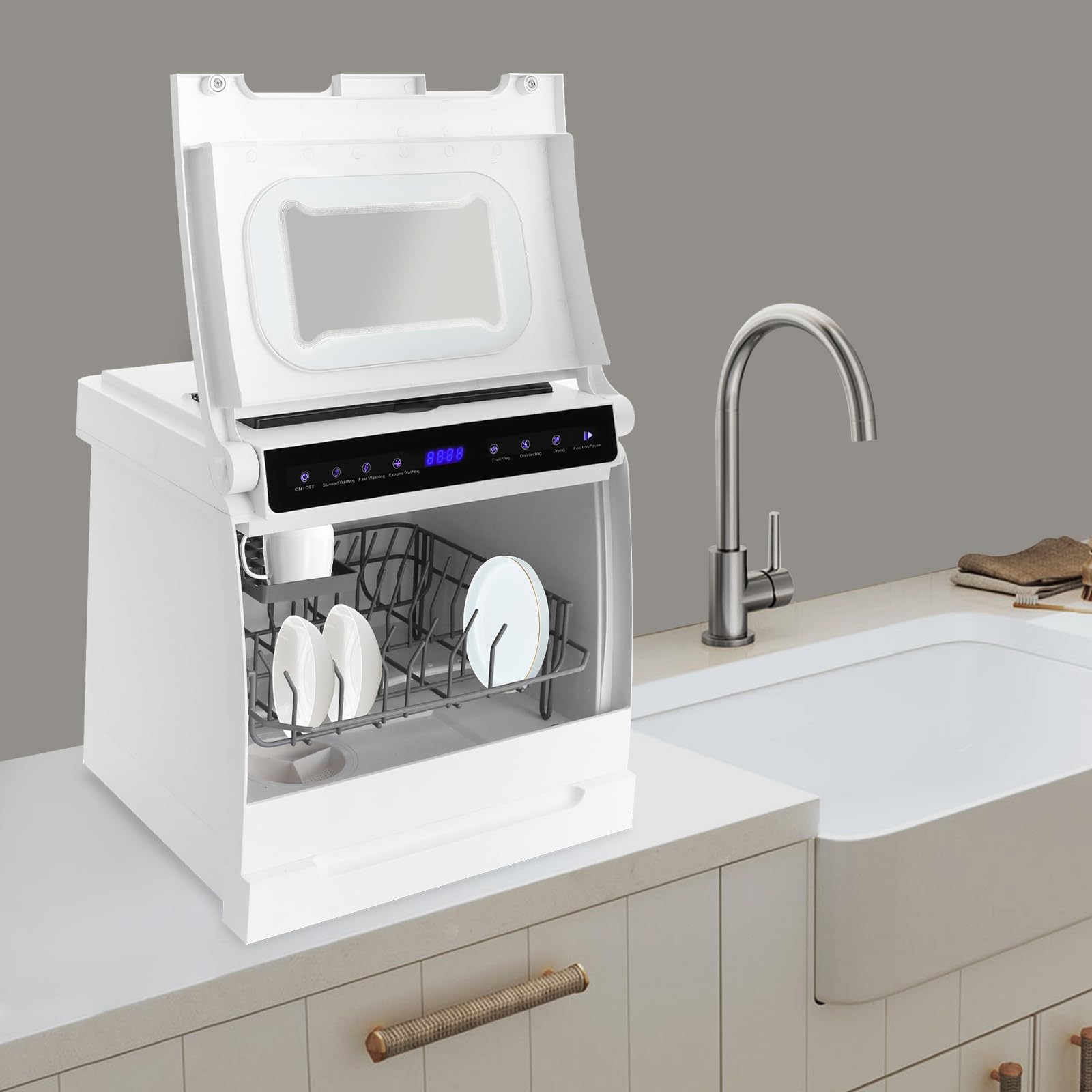 800 W portátil Lavavajillas, lavavajillas de mesa con 6 programas y depósito de agua de 5L, lavavajillas de mesa con cubierta semitransparente e indicador LED, perfecto y fácil para casas pequeñas