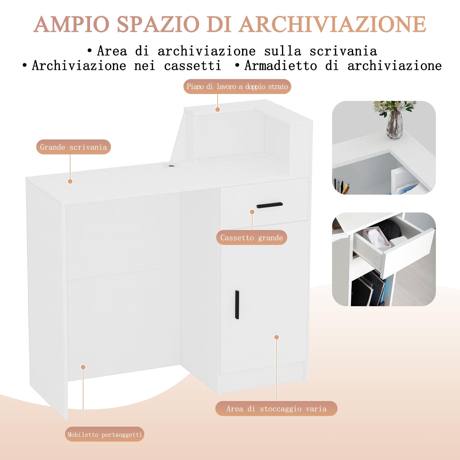 Banco Reception con Cassetto e Ripiani – Bancone Cassa Moderno con Ampio Spazio di Archiviazione, Scrivania Reception per Negozio, Salone di Bellezza, Bar e Ufficio