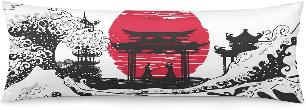 Japanese Black White Wave Red Sun Samurai Body Pillow Cover 20x54 Inch, Soft Brushed Polyester Body Pillowcase with Invisible Zipper, Single-Sided Print Decorative Cover for Bed Sofa Couch