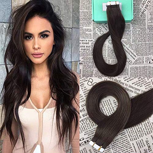 HIKYUU 24" Seamless Skin Weft Tape in Hair Extensions Invisible #2 Straight Remy Double Side Tape in Brazilian Human Hair Darkest Brown Extensions 50g/20pcs