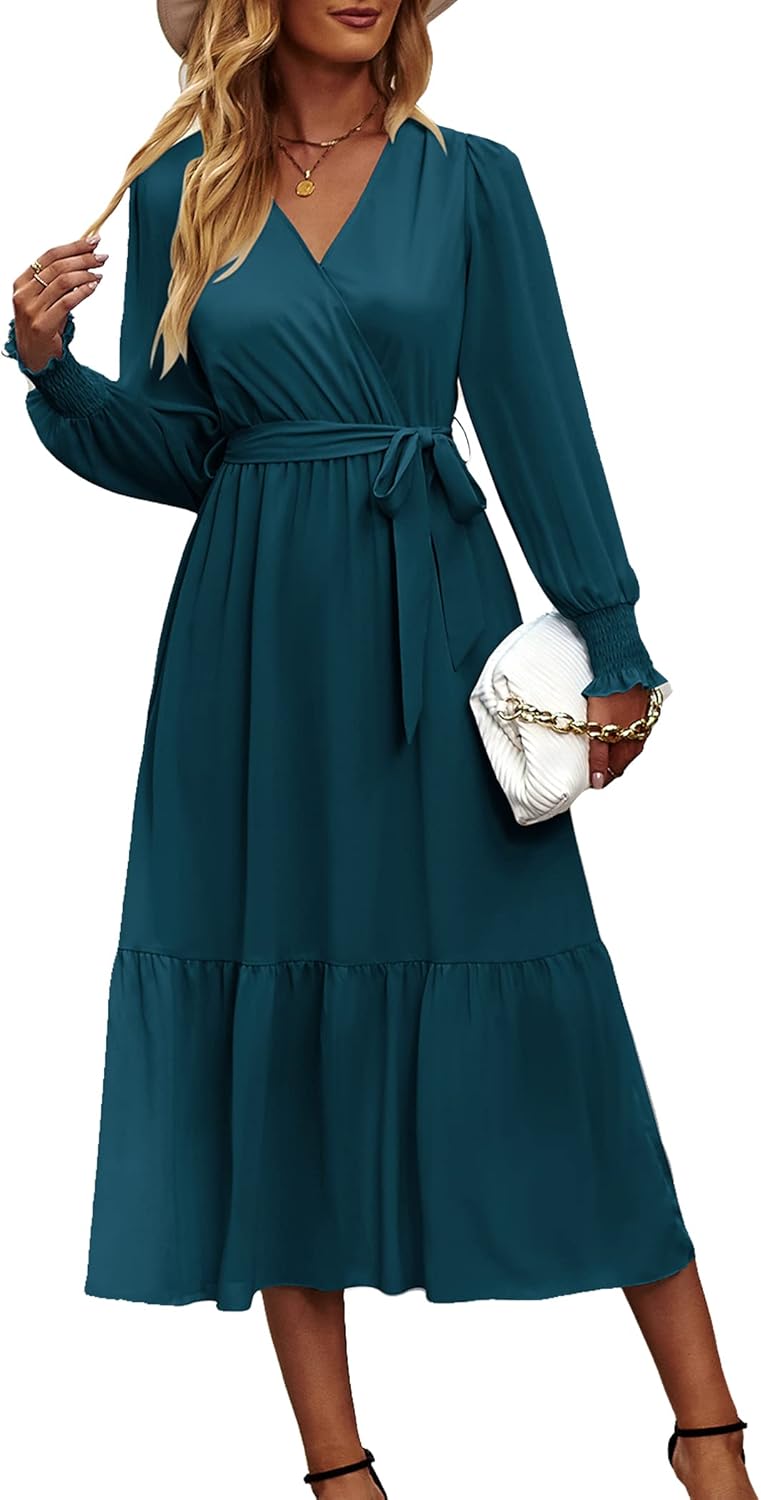 PRETTYGARDEN Women’s Floral Print Boho Dress Long Sleeve Wrap V Neck Ruffle Belted A-Line Flowy Maxi Dresses