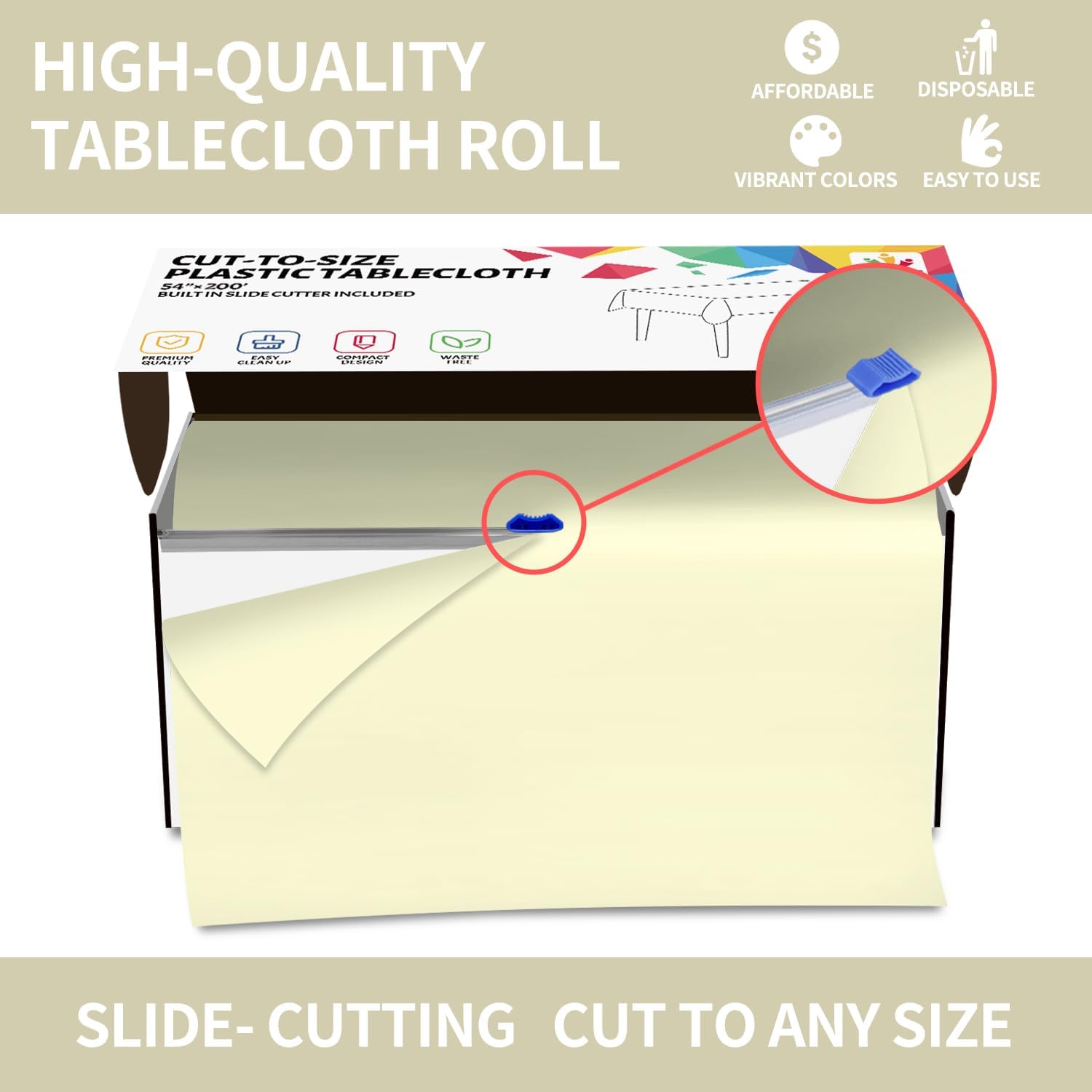 CXPSINC 54 Inch X 200 Feet Plastic Table Cover Roll Disposable Tablecloth with Slide Cutter for All Type/Shape Tables | Picnic, Party, Banquet, Birthdays, Weddings (Beige) - Image 4