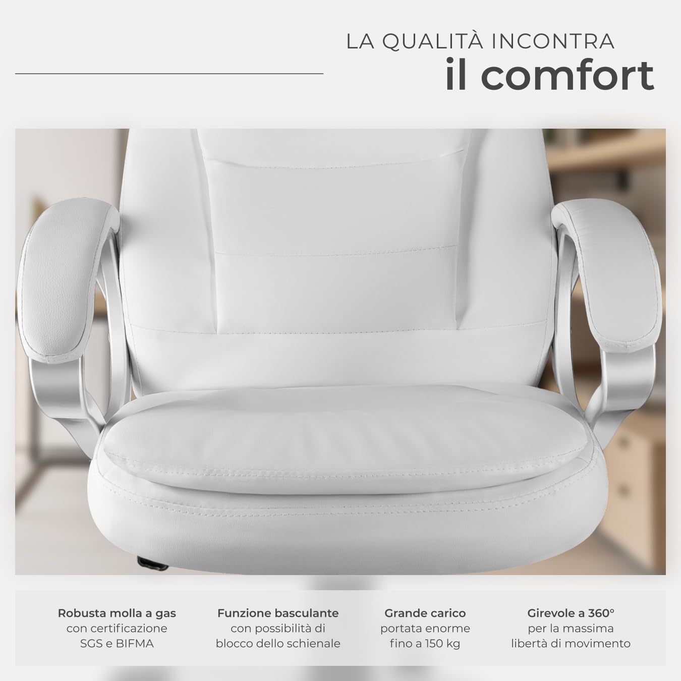 tectake® Poltrona da Ufficio Ergonomica, Sedia Ufficio con Imbottitura Extra Spessa, Poltrona con Poggia-testa Rinforzato, Regolazione Altezza con Molla a Gas, Inclinazione Personalizzabile - bianco