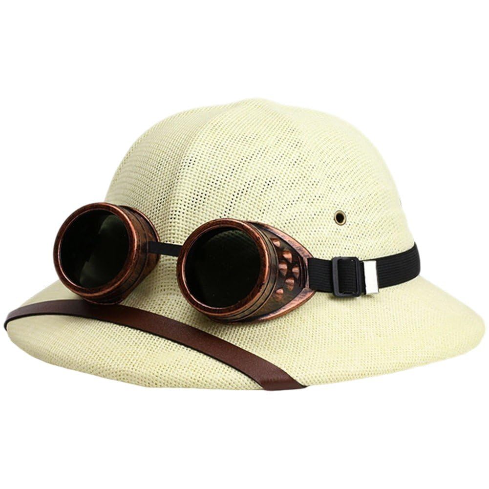Fituenly Straw Helmet, Pith Sun Hat, Vietnam War Army Hat with Goggles, Classic Wide Brim Jungle Miners Cap for Beaches, Parks, Camping, Hiking