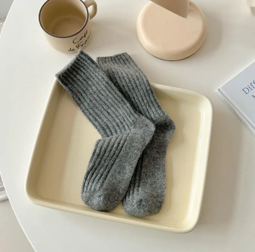 Women winter solid ribbed thermal wool socks - 1 pair (US, Alpha, One Size, Regular, Regular, gray)