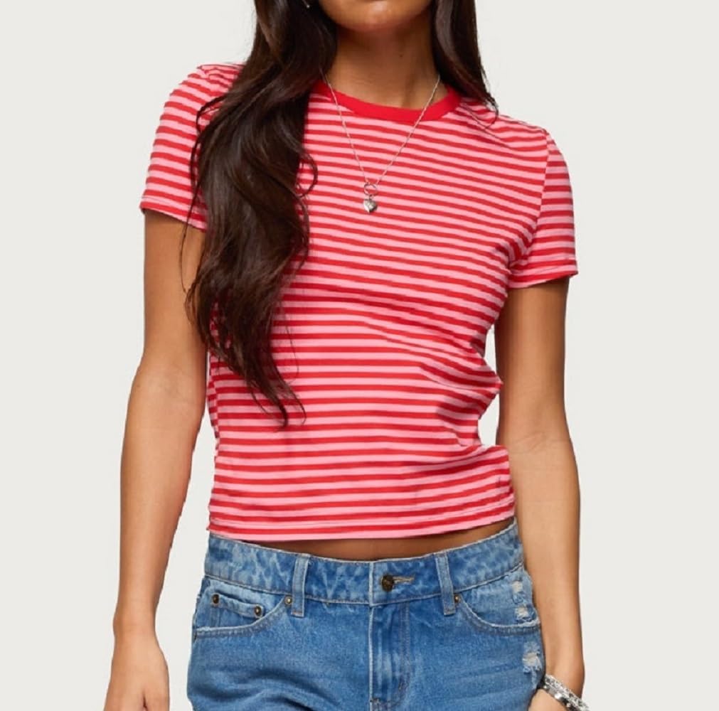 Women Striped Baby Tees Short Sleeve Slim Fit Shirt Vintage Crew Neck Crop Tops Y2k Going Out Top Streetwear - Image 3