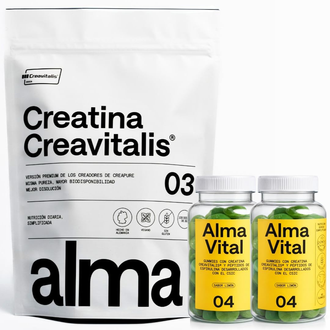 Creatina Monohidratada Creavitalis® ALMA® 300 g y 120 Gominolas de Creatina Creavitalis, Vitamina D3 y Espirulina Hidrolizada sabor limón | Versión Premium Creapure® Monohidrato en Polvo 99,9% Pureza