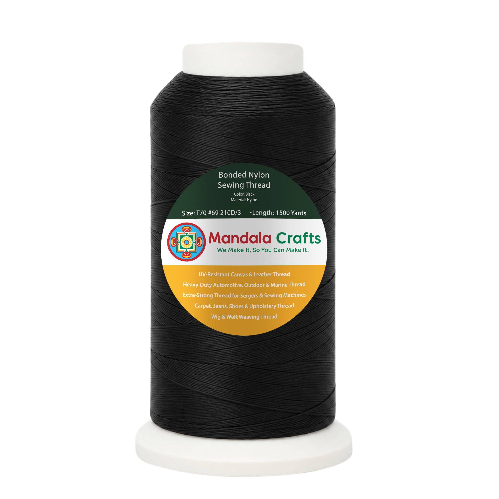 Mandala Crafts Bonded Nylon Thread Black Heavy Duty Sewing Threads - 1500 YDs Size 69 210D T70 Tex 70 Thread for Leather Jeans Weaving Outdoor Marine Upholstery Threads