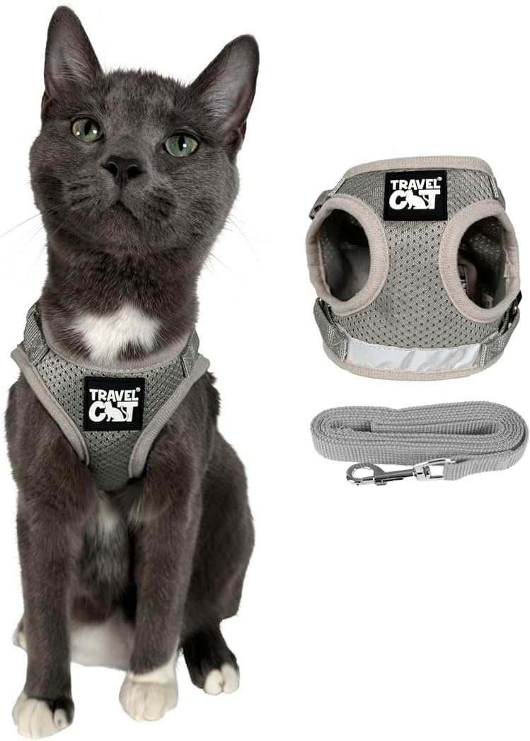 Reflective Cat Harness and Leash for Walking | Escape Proof Set for Adventure Cats | Adjustable Soft and Comfortable Nylon Mesh Fabric (S, Grey)