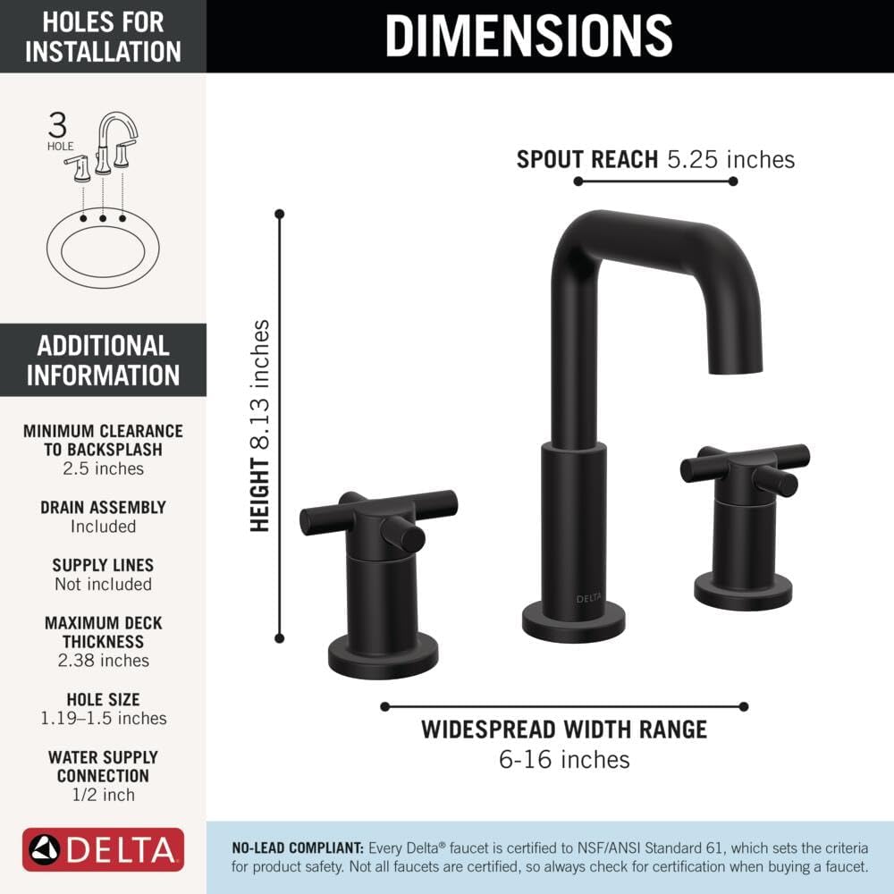 Delta Nicoli Matte Black Bathroom Faucet 3 Hole, 8 Inch Widespread Bathroom Sink Faucet for Vanity, Push-Pop Drain Assembly, Matte Black 35894LF-BL - Image 5