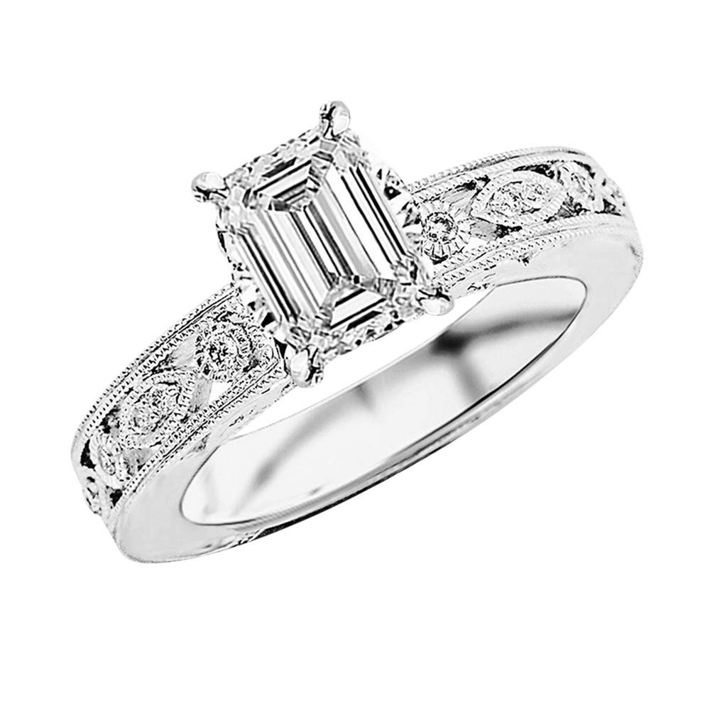 1 Carat 14K White Gold Antique/Vintage Bezel Set Designer GIA Certified Diamond Engagement Ring With Milgrain Emerald Shape (0.75 Ct K Color VS2 Clarity Center Stone)